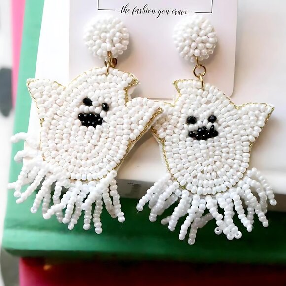 Seed Beaded Tassel Fringe Bottom Halloween Spooky Scary Ghost Party Earrings - Picture 1 of 5